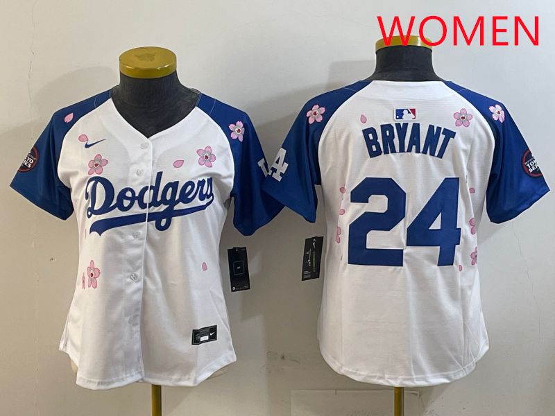 Women Los Angeles Dodgers 24 Bryant White Blue Sakura Edition 2025 Nike MLB Jersey style 5